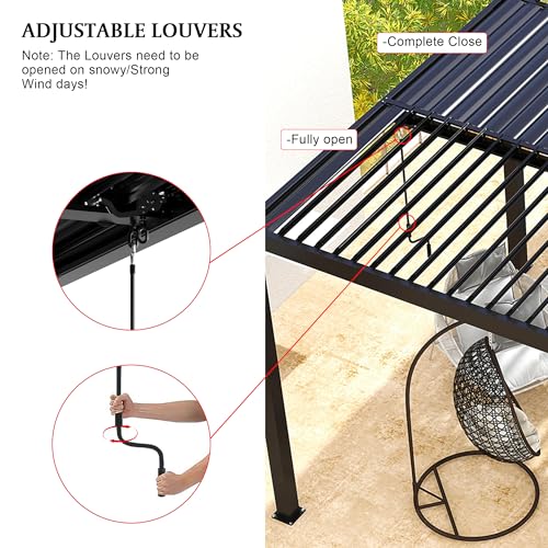 Kaimei 10x13FT Aluminum Pergola with Adjustable Louvered Roof Black