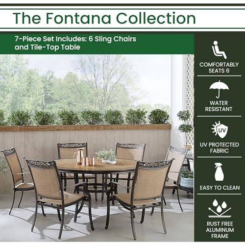 Hanover Fontana 7-Piece Outdoor Patio Dining Set with 6 Sling Chairs and Round Table Tan/Bronze