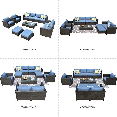 Oviros 12-Piece Patio Furniture Set Outdoor Wicker Rattan Sofa Brown Wicker, Blue