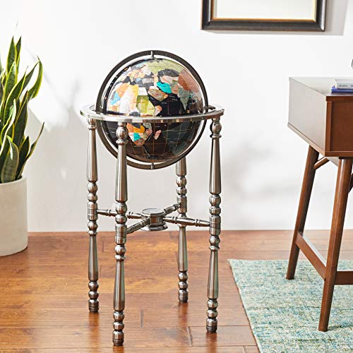 Unique Art Since 1996 Black Onyx Ocean Gemstone World Globe with Silver Stand