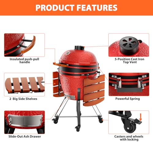 ROOMTEC 23.5-Inch Kamado Charcoal Grill Portable Camping Grill Blaze Red