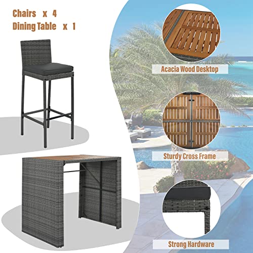 EPOFIT 5-Piece Wicker Outdoor Bar Set with 4 Cushioned Stools & Acacia Wood Table Grey