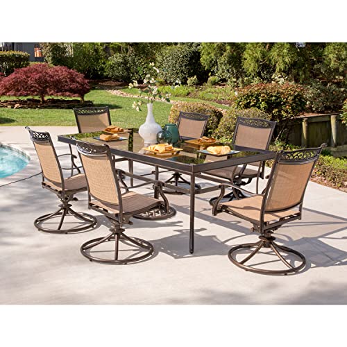 Hanover Fontana 7-Piece Outdoor Dining Set with Sling Swivel Rockers and Glass-top Table Brown