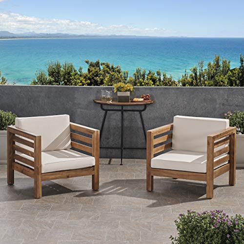 GDFStudio Louise Outdoor Acacia Wood Club Chairs with Cushions Set of 2 Teak Finish Beige