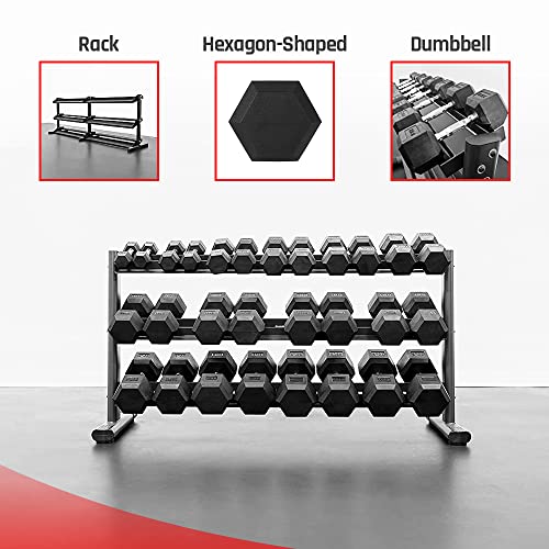 BK BodyKore Rubber Coated Hex Dumbbell Set with Frame & Commercial Rack Black