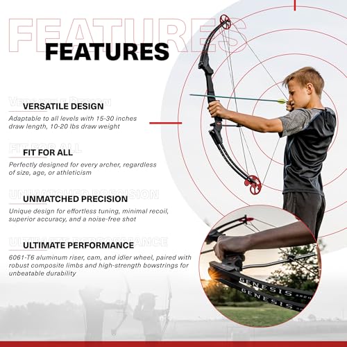 GENESIS Archery Compound Bow Adjustable Draw Length 15"-30" & Weight 10-20 lbs Left-Handed Black