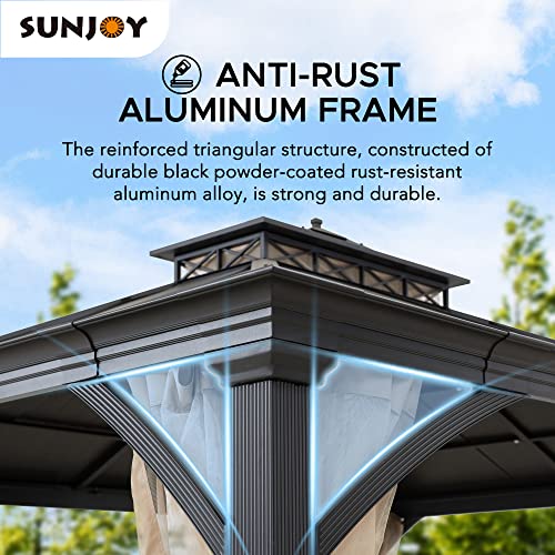 Sunjoy Hardtop Gazebo 11x13 ft Outdoor Patio Black Aluminum Frame Double Tiered with Mesh Netting