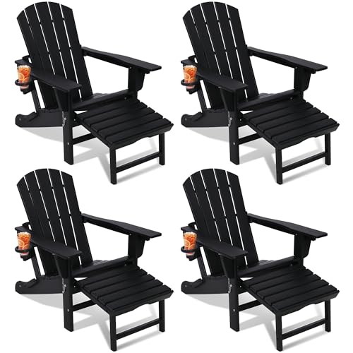 Wildformers Adirondack Chair Set of 4 with Retractable Ottoman, Adjustable Reclining, Folds for Easy Carry, Black