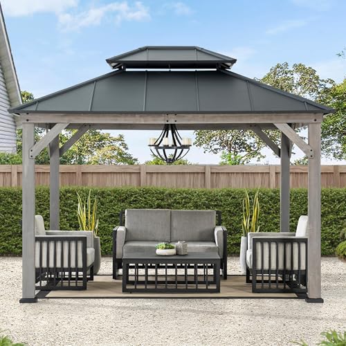 Sunjoy 10x12 ft. Wood Gazebo Outdoor Patio Cedar Framed Steel Hardtop Black + Gray Wood