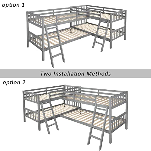 BOVZA L-Shaped Quad Bunk Bed Twin Size with Ladders & Guardrails Grey
