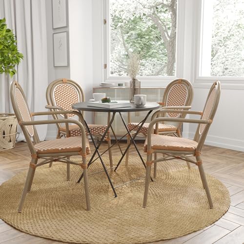 Merrick Lane Celia Indoor/Outdoor Bistro Stack Chair Set of Four Natural & White Rattan Light Natural Frame