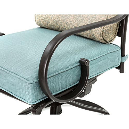 Hanover Montclair 7-Piece Outdoor Dining Set with 6 Swivel Rockers and Blue Cushions