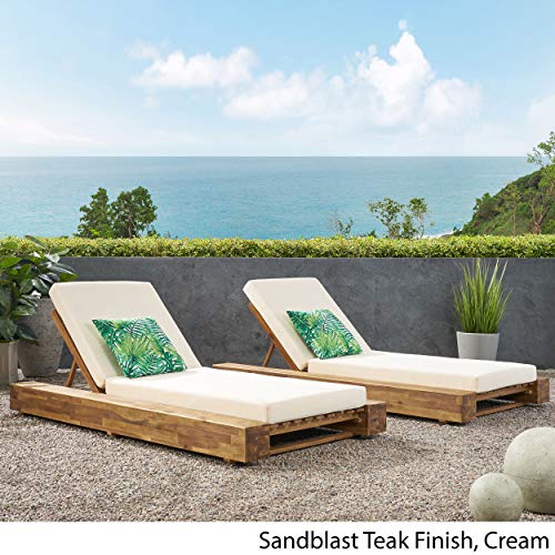Great Deal Furniture GDFStudio Outdoor Acacia Wood Chaise Lounge Set of 2 Sandblast Teak Finish, Cream