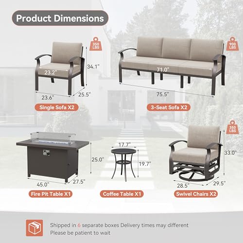 Kurapika Aluminum Patio Furniture Set 10-Seat Modern Metal Outdoor Conversation Set with Propane Fire Pit Table, Swivel Rocking Chairs, Sectional Sofa Sand