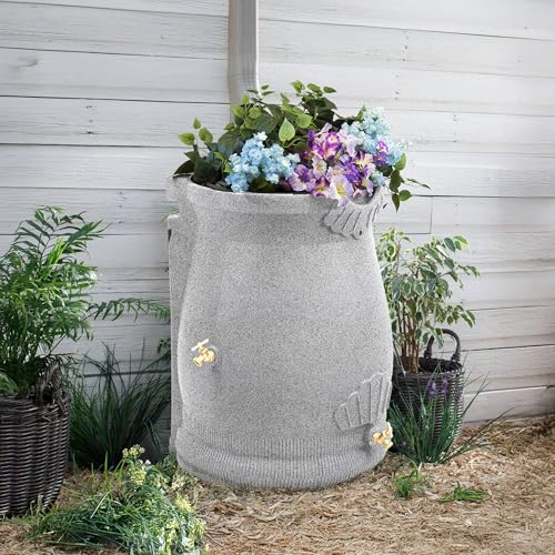 Good Ideas Rain Wizard 50 Gallon Rain Saver Barrel Water Storage Urn with Planter Space and 2 Brass Spigots Oak