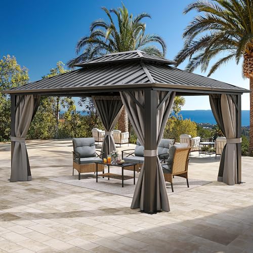 YITAHOME 10x12ft Hardtop Gazebo with Nettings and Curtains Gray