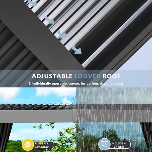 Aoxun Louvered Pergola 10x12ft Outdoor Aluminum Adjustable Roof Gray