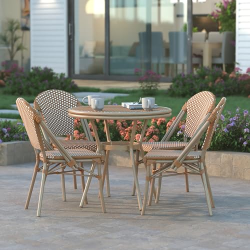 EMMA + OLIVER Colmar Indoor/Outdoor Bistro Set Natural & White Rattan with Light Natural Frame