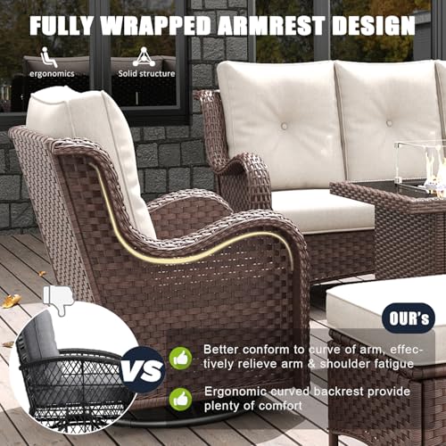 LayinSun 10-Piece Outdoor Patio Furniture Set with Fire Pit Table, Rattan Wicker Chairs, Ottomans, and Coffee Table Brown/Beige