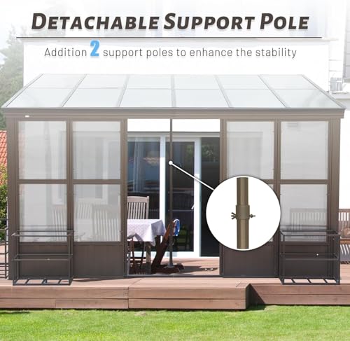 ANTSKU 12x14FT Outdoor Permanent Wall Mounted Sunroom with Detachable Polycarbonate Windows, Aluminum Gazebo, Dark Brown