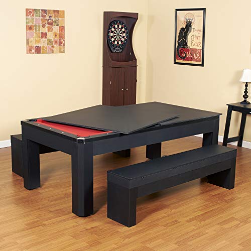 Hathaway Park Avenue 7-ft Pool Table Tennis Combination with Dining Top, Two Storage Benches - Black and Red Felt
