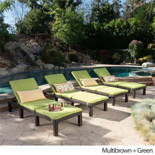 Noble House Jamaica Multi-Brown Wicker Chaise Lounge with Green Cushion (Set of 4)
