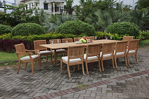 WholesaleTeak 13 Pc Grade-A Teak Wood Outdoor Dining Set with 117" Double Extensions Table and 12 Stacking Chairs Brown