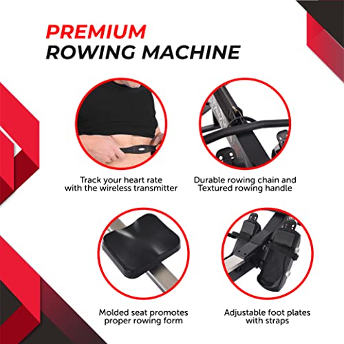 Stamina X AMRAP Rower Machine with Smart Workout App - Foldable Rowing Machine, Black, Red
