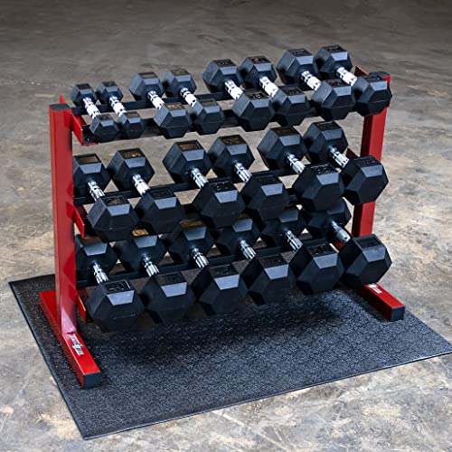 Body-Solid 5-50 lb. Rubber Dumbbell Set with Rack & Vinyl Mat Red