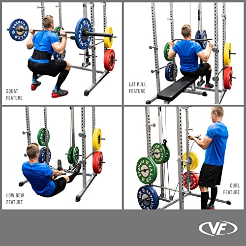 Valor Fitness Power Squat Rack with Lat Pull Attachment and Pull Up Bar Station Black