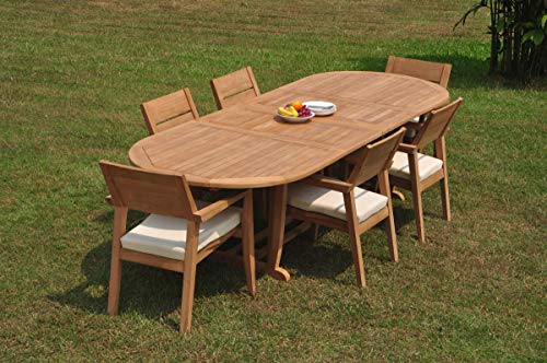 WholesaleTeak 7-Piece Grade-A Teak Wood Dining Set with Double Extension Oval Table and 6 Vellore Stacking Arm Chairs Teak