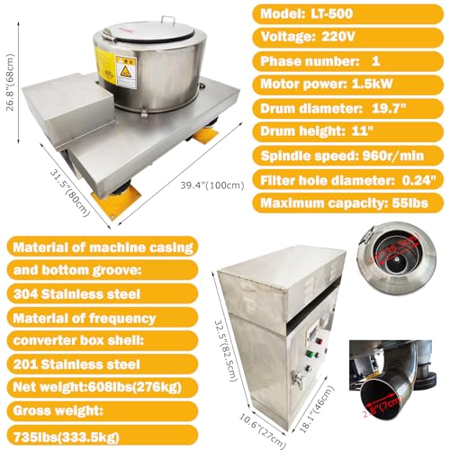 TECHTONGDA Industrial Centrifuge Machine Stainless Steel Dehydrator 1.5KW Silver