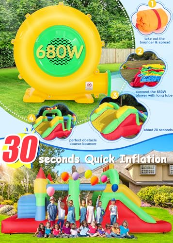 Whubefy Inflatable Bounce House Obstacle Course with Blower Red/Yellow/Blue/Green