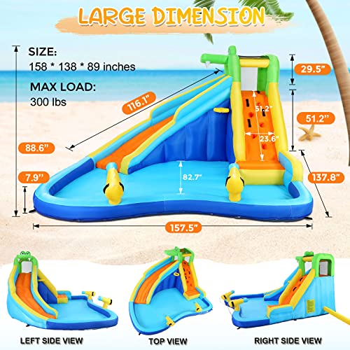 Whubefy Inflatable Crocodile Water Slide with Blower Blue