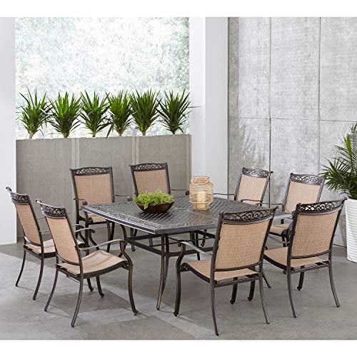 Hanover Fontana 9-Piece Outdoor Patio Dining Set with 60'' Cast-Top Table and 8 Sling Swivel Rocker Chairs Tan