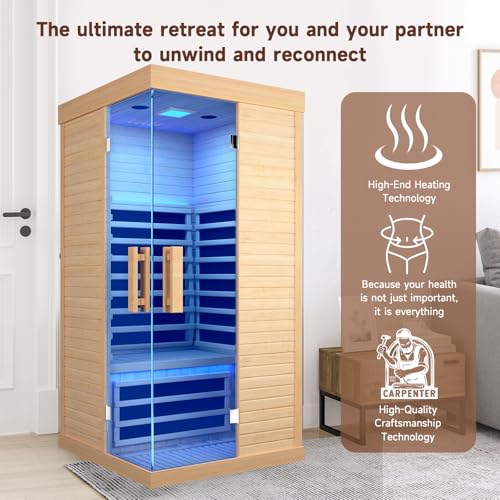 HAOYAYA Indoor Far Infrared Sauna Canadian Hemlock Single Person Spa with Oxygen Bar, 7 Color Therapy, 1420W Low-EMF