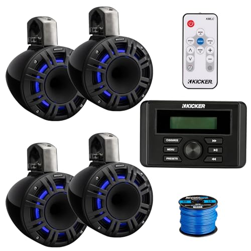 KICKER All-Weather Marine USB Bluetooth AM/FM Media Center Receiver with 4X 6.5" 300W Peak LED Tower Speakers Black