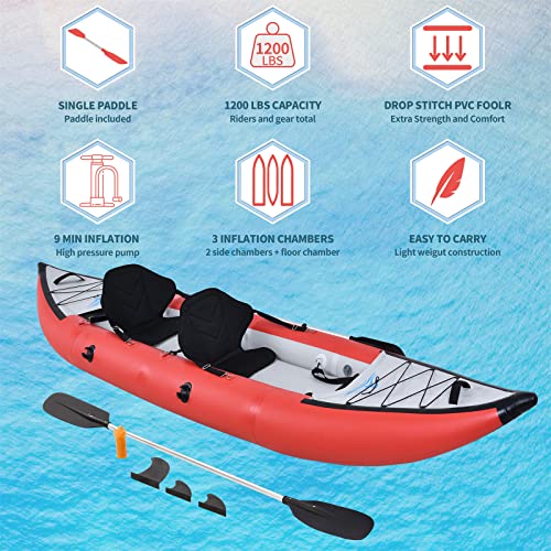 PRODCA Inflatable Kayak Set with Paddle & Air Pump, Portable Deluxe Tandem 2 Person Kayak