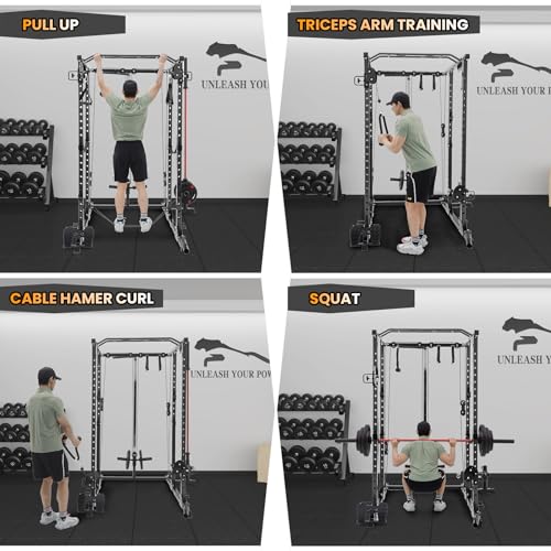 Flarhetoric Power Cage 2000 Lbs Squat Rack with Cable System & LAT Pull Down, Black