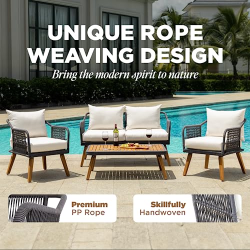 IDZO Serene Outdoor Conversation Set 4 Pieces FSC Certified Acacia Wood with Soft Cushions Cream Opal