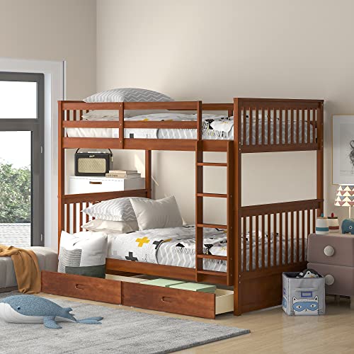 Jintop Twin-Over-Twin Bunk Bed with Ladders & Storage Drawers Walnut