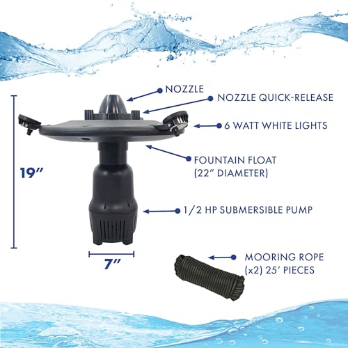 HALF OFF PONDS VXF Aerating Pond & Lake Fountain - 1/2 HP Pump with 3 Display Patterns & 100 Foot Cord White Lights