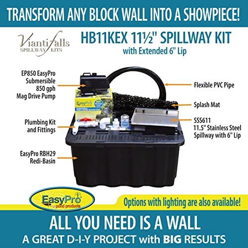 EasyPro Pond Products Vianti Falls Kit - Add a Waterfall to Any Block Wall - 11 ½” Stainless Spillway w/6” Extended Lip, Basin, EP850 Pump - No Light