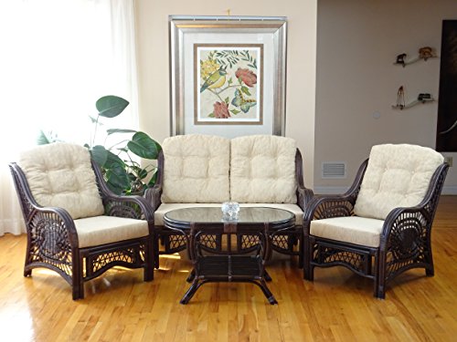 SunBear Furniture Lounge Malibu Loveseat Sofa ECO Natural Rattan Wicker Handmade Cream Cushions Cognac