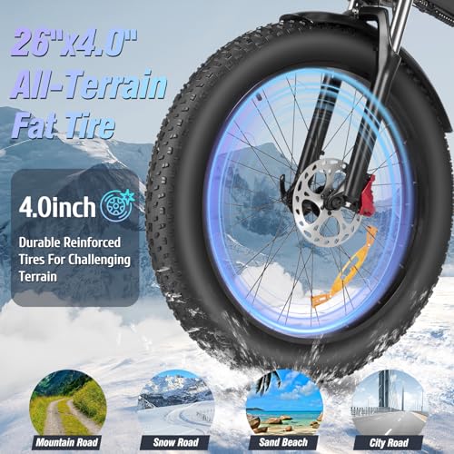Bopzin Folding Electric Bike for Adults - 1500W 37MPH Ebike with 48V 20AH 960Wh Battery - 26" x 4.0" 75 Miles - 21-Speed Gears - Beach Mountain Snow Electric Bicycle UL Certified 26''-2000W 48V 20AH -Foldable