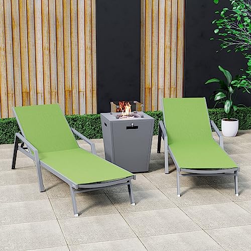 LeisureMod Marlin Modern Green Outdoor Chaise Lounge Chair Set with Fire Pit Table