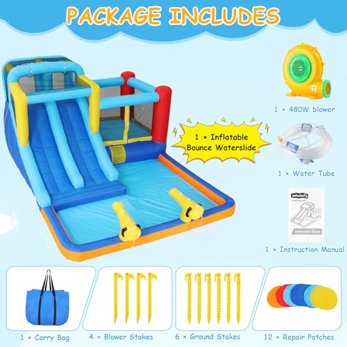 Whubefy Inflatable Bounce House Water Slide Park with Blower, 12.1x9.5FT, Multicolor