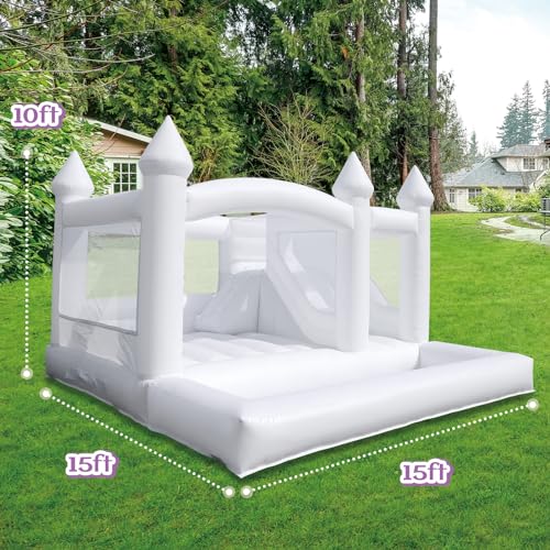 awesmflate 15FT White Bounce House with Slide and Ball Pit for Adults and Big Kids
