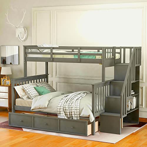 MERITLINE Twin Over Full Bunk Bed with Storage Drawers, Shelves, Guardrails, and Stairs Grey