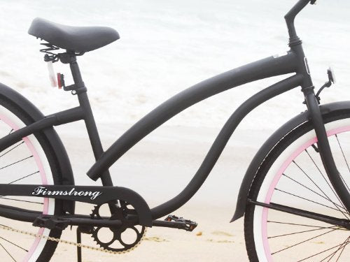 Firmstrong Women's Beach Cruiser Bicycle Single Speed 26 Inch Matte Black/Pink Rims